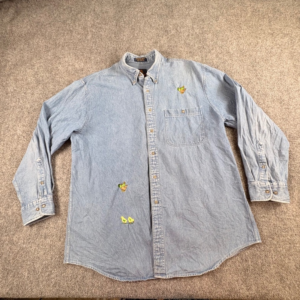 VTG 80s Savile Row Norfolk Denim‎ Shirt Mens 16.5 Blue Embroidered Chickens Farm